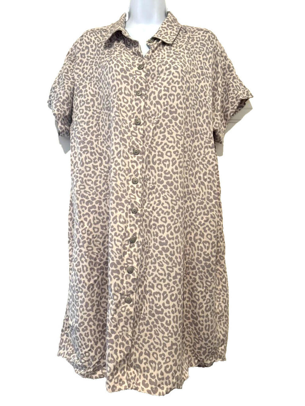 Soft Surroundings sz XL grey animal print short sleeve button shirt dress F